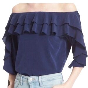 L'Agence Monroe Off Shoulder SILK Blouse Blue Ruffle Pullover Top Sz S EUC